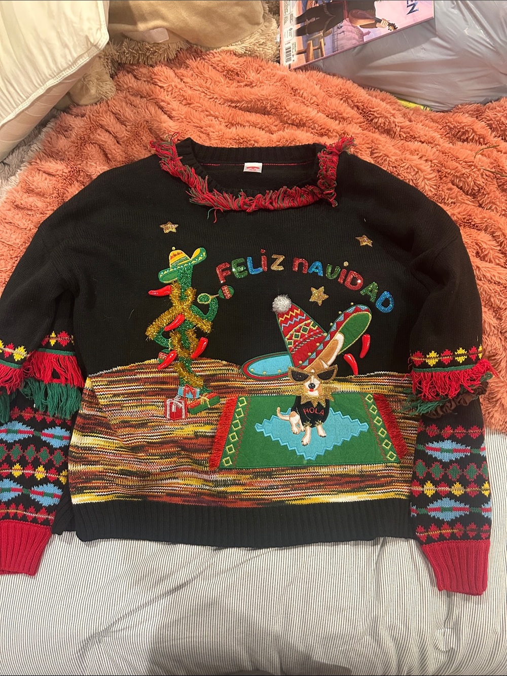 Holiday Time Black Multicolor 'Feliz Navidad' Crewneck Sweater